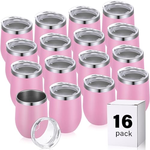 16 Pack Stainless Steel Wine Tumblers 12 oz Insulated Vacuum Wine Cup Set Double Wall Stainless Steel Stemless Mug Glasses for Coffee Soda Whiskey Outdoor Travel (Pink)