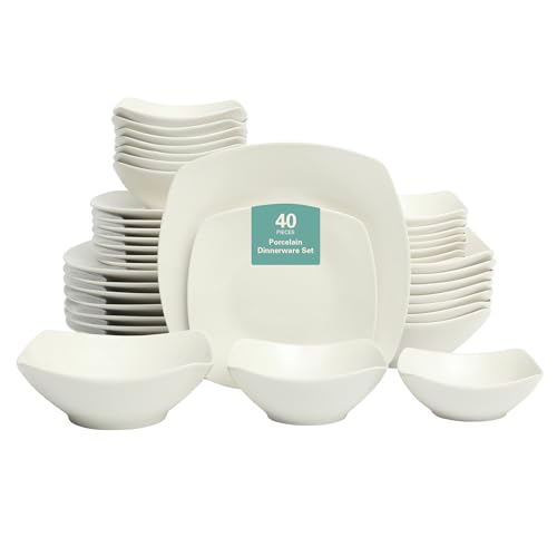 Gibson Home Brentwood 40-Piece Dinnerware Set  Square White Porcelain Plates and Bowls, Service for 8, Dishwasher & Microwave Safe, Modern Everyday Dinner Set with Cereal, Dessert, and Entree Bowls