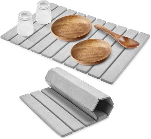 Stone Dish Drying Mat for Kitchen Counter, 23"15", Collapsible Quick Drying Dish Mats, Ultra Absorbent Diatomaceous Earth Mats for Dishes Bottles Cups, Match Countertop - Grey