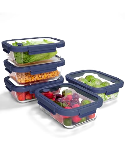 5-Pack Borosilicate Glass Containers with Tempered Lids, 35.2oz/4.4 Cup Airtight Meal Prep Set, Microwave/Freezer Safe (Blue)