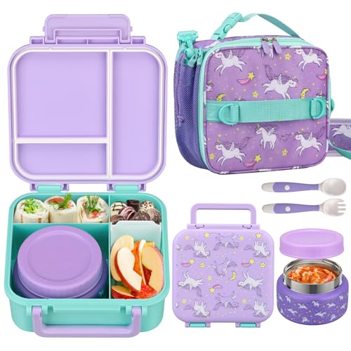 Kids Lunch Box Set with Bento Box, 9oz Stainless Steel Thermos & Insulated Lunch Bag  Hot & Cold Leakproof Lunch Container with Utensils for School & Travel, Purple Set