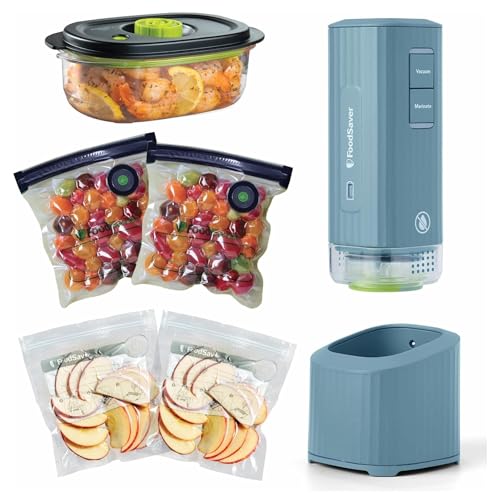 FoodSaver Mini Handheld Vacuum Sealer Machine with Marinate Setting & Charging Dock | Cordless Food Vacuum Sealer for Freezer, Storage, Sous Vide, Meal Prep | Blue