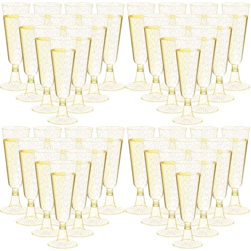 CHENGU 150 Pcs Plastic Champagne Flutes Bulk 5 Oz Toasting Flutes Wine Glasses Disposable Champagne Glasses Reusable Cocktail Cups for Wedding Celebration Party Toasting Drinking (Glitter Gold)
