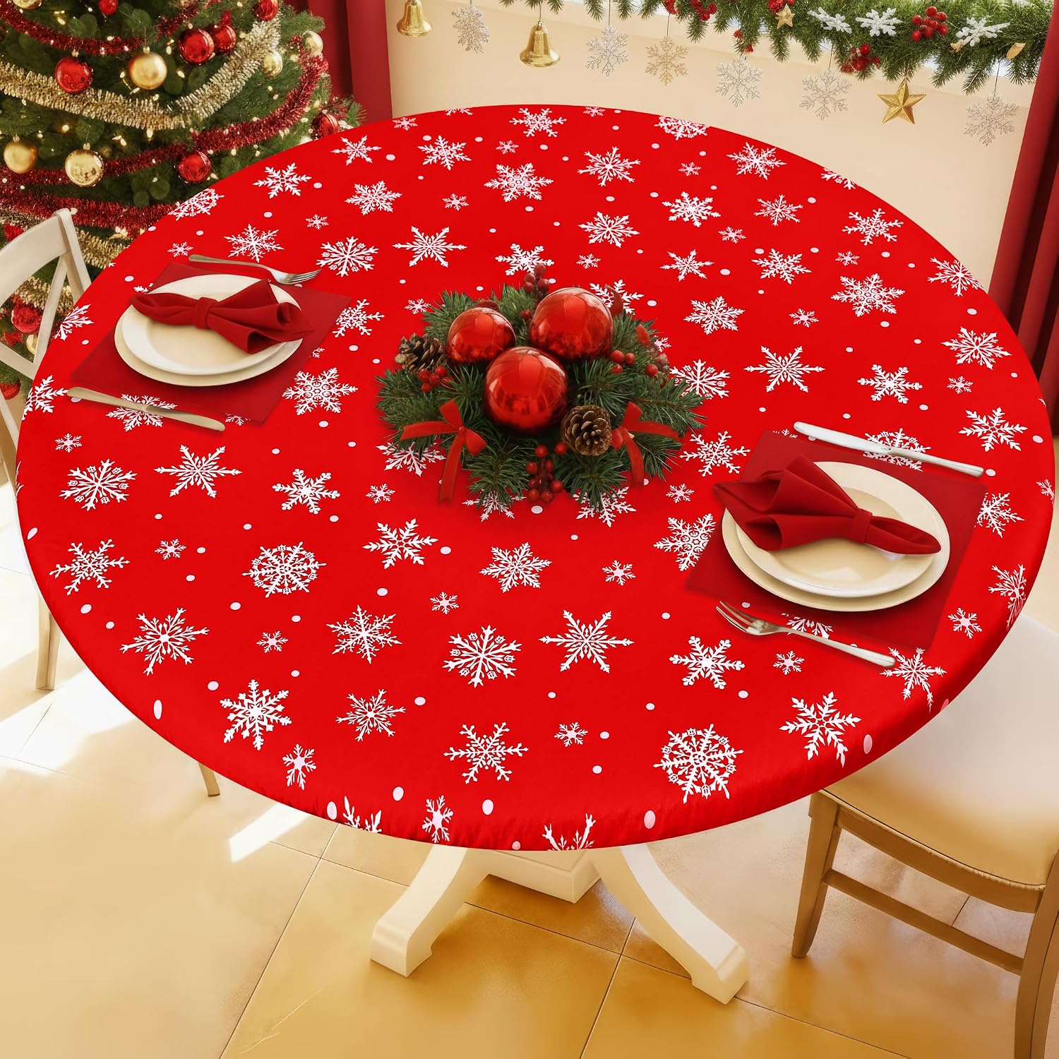 Round Spandex Christmas Tablecloth, Elastic Fitted Waterproof Tablecloths for 57"-68" Tables, Stretch Washable Picnic Table Cover for Christmas Dinner, Dot Snowflake
