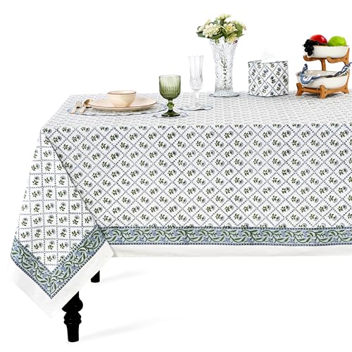 Ridhi Blue Lattice Bloom Indian Hand Block Printed Rectangle Tablecloth - 70 x 108 100% Cotton Dining Table Cover Decor with Decorative, Boho Holiday, Farmhouse, Christmas Dinner & Parties
