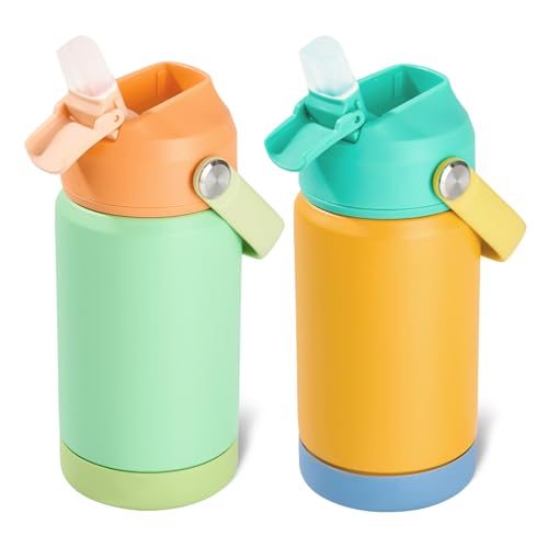 Kerilyn 12oz Kids Water Bottle 2 Pack, Stainless Steel Insulated Water Bottle Bulk, Toddler Cups with Straws Leak-Proof, Kids Water Bottles for School Boys Girls, BPA Free, 2 Piece Set Melon Couple