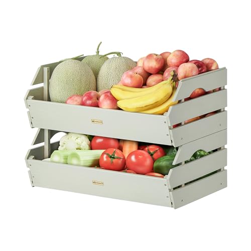 HABAU Wood Potato Onion Storage Bins - Wooden Stackable Produce Basket - Fruit Vegetable Storage for Kitchen Pantry Organization, Set 2 Pieces