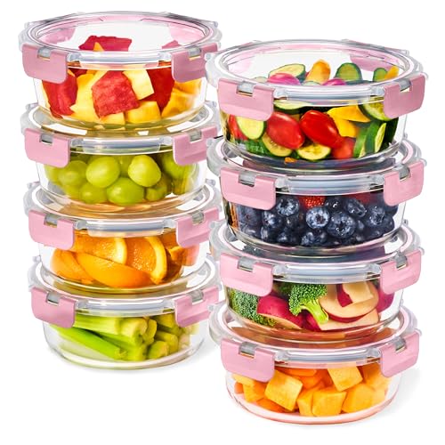 Sorbus 16pc Glass Meal Prep Containers Set  8 Round 32oz Containers with Airtight Lids  Freezer, Dishwasher, Oven Safe  Reusable Food Storage Bowls, 4 Cup Capacity for Meal Prep and Storage, Pink