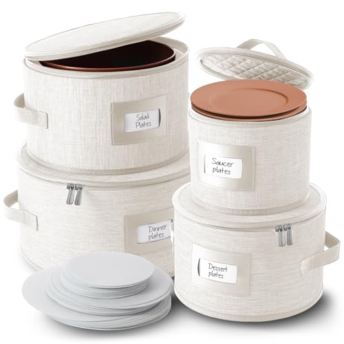 Fine China Storage Containers Hard Shell, 4 Piece Dish Storage Containers, Quilted Plate Containers, Stackable Dish Organizer with Dividers, Dinnerware Storage for Moving and Seasonal Storage, Cream