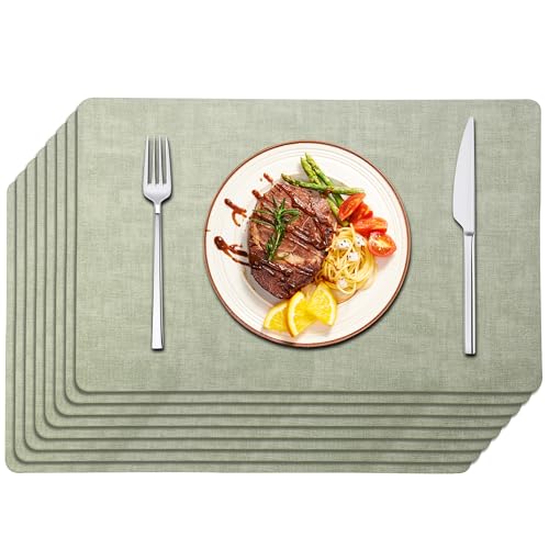Maxpearl Faux Leather Placemats Set of 8  Waterproof, Wipe Clean, Heat Resistant, Non-Slip Dining Table Mats for Indoor & Outdoor Use, 1712, Sage Green