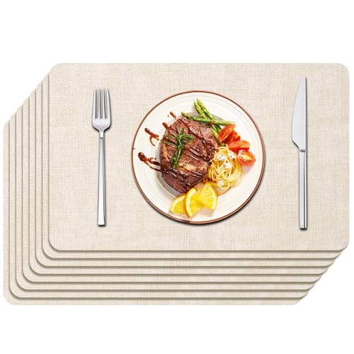 Maxpearl Faux Leather Placemats Set of 8 Waterproof, Wipe Clean, Heat Resistant, Non-Slip Dining Table Mats for Indoor & Outdoor Use, 1712, Beige