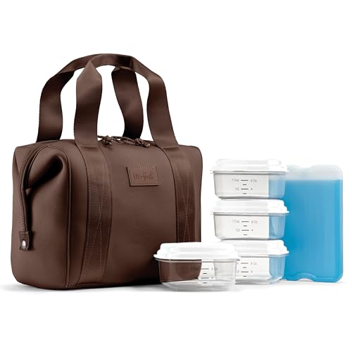 Fit & Fresh Remi Neoprene Lunch Bag For Women - Meal Prep Kit with Containers & XL Ice Pack, Self Insulating Neoprene-like Material, Machine Washable Lunch Bag, Tear & Stain-Resistant, Chocolate