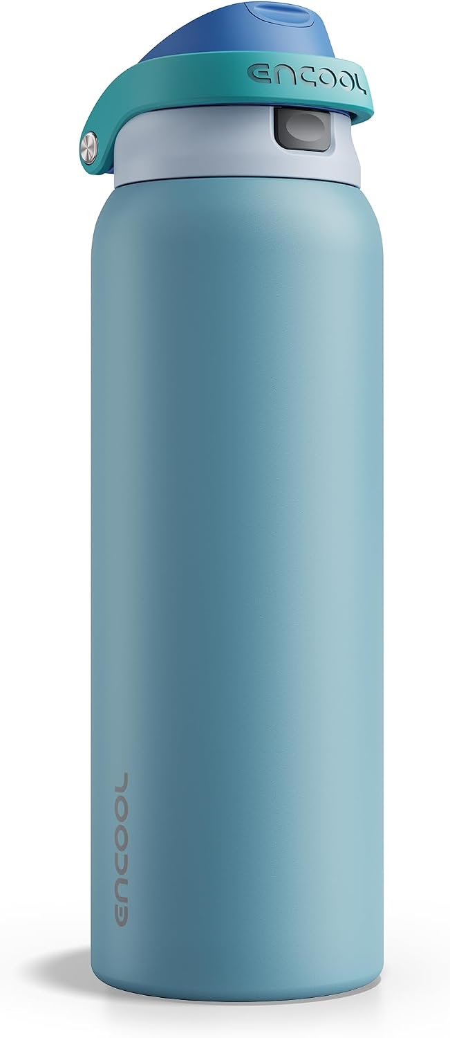 Encool Insulated Stainless Steel Water Bottle with Straw - Leak Proof Sports Water Bottle for School, Travel, Keeps Cold All Day, One-Touch Flip Lid, BPA-Free, 40 oz, Teal Blue