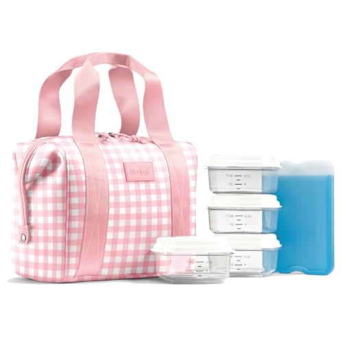 Fit & Fresh Remi Neoprene Lunch Bag For Women - Meal Prep Kit with Containers & XL Ice Pack, Self Insulating Neoprene-like Material, Machine Washable Lunch Bag, Tear & Stain-Resistant, Pink Gingham