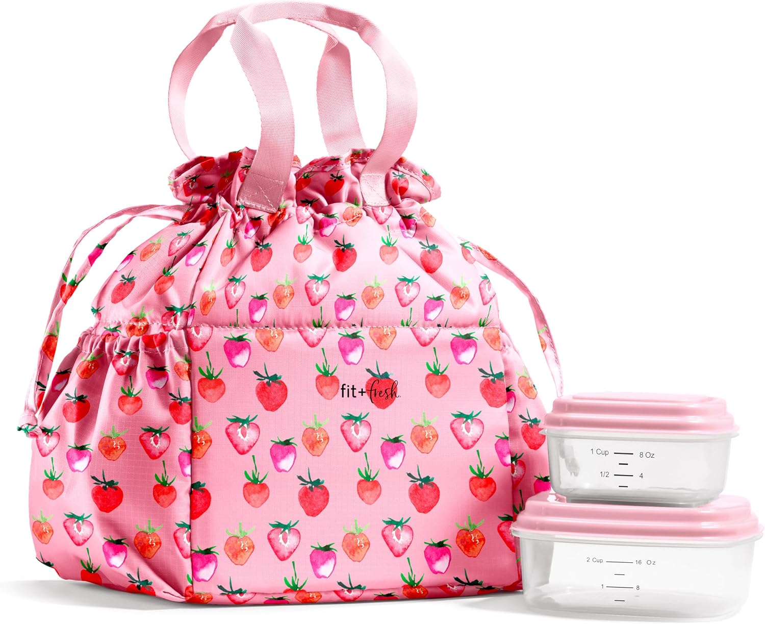 Fit & Fresh Cromwell Drawstring Lunch Bag for Women, Complete Lunch Set with 2 Containers, Stain-Resistant, Leak-Resistant, Back to School Essential, Teacher Lunchbox, Pink Strawberries