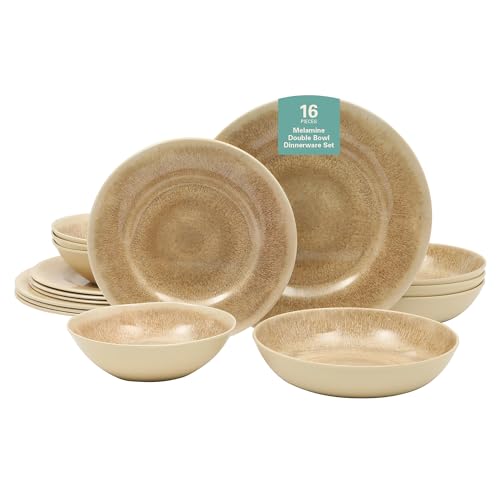 Gibson Home Casper Court 16-Piece Melamine Dinnerware Set  Beige Reactive Glaze Look Plates and Bowls, Service for 4  Top Rack Dishwasher Safe Everyday Dining Set
