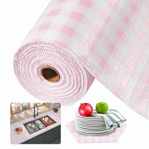 Beautysaid Shelf and Drawer Liner for Kitchen Cabinet, Non Adhesive Non Slip Shelf Paper Waterproof Washable Thickened for Dresser Pantry Shelve Bathroom Protector Liner(Pink Checker,23.6 in x 10 FT)