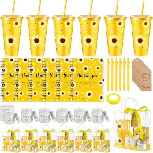 Nuogo 6 Sets Baby Shower Prizes for Player Winners Adults Include Plastic Tumbler Notebook Scented Candles Ballpoint Pen Gift Bag, Baby Shower Player Winner Gifts (Yellow Color,Sunflower Style)