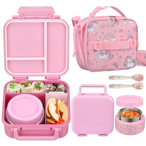Kids Lunch Box Set with Bento Box, 9oz Stainless Steel Thermos & Insulated Lunch Bag Hot & Cold Leakproof Lunch Container with Utensils for School & Travel