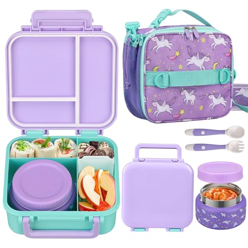 Kids Lunch Box Set with Bento Box, 9oz Stainless Steel Thermos & Insulated Lunch Bag  Hot & Cold Leakproof Lunch Container with Utensils for School & Travel
