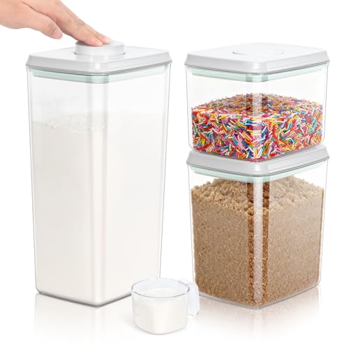 TBMax Flour Sugar Storage Container 3Pack 1.26+2.11+3.48 Quart, Airtight Food Storage Containers with Pop Up Lid & Measuring Scoop for Kitchen Pantry Organization