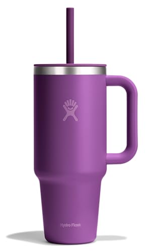 Hydro Flask 40 Oz Travel Tumbler with Handle, Lid and Straw - Insulated Stainless Steel in 32 Oz Beachplum Purple