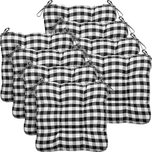 Geetery 8 Pack Chair Cushions for Dining Chair Kitchen Seat Pads with Ties Buffalo Plaid Soft Comfy Square Seat Pads for Home, Outdoor, Patio, Room (Black,White)