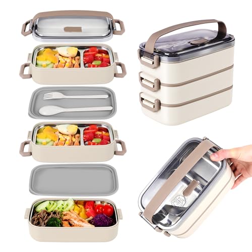 Bento Lunch Box for Kids Women Men, 47oz 2-Compartment Salad Metal Food Prep Pack Container for Lunch, Stainless Steel 3 Layers Stackable Lunch Containers with Lids for Adults and Teens Khaki