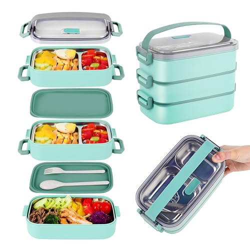 Bento Lunch Box for Kids Women Men, 47oz 2-Compartment Salad Metal Food Prep Pack Container for Lunch, Stainless Steel 3 Layers Stackable Lunch Containers with Lids for Adults and Teens Light Green