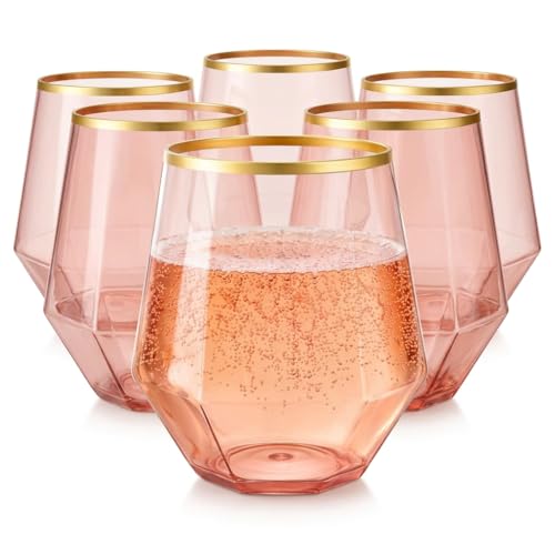 40 count Diamond Unbreakable Stemless Plastic Wine Champagne Whiskey Glasses Elegant Durable Disposable Indoor Outdoor Ideal for Home, Office, Bars, Wedding, 12 Ounce Cups (Diamond Pink Matte Gold)