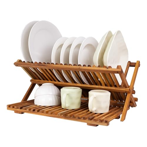 Utoplike Large Teak Dish Drying Rack, Wooden 3 Tier Collapsible Dish Draine for Countertop, Kitchen Organizer for Pasta Plates, Cups