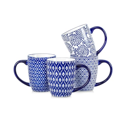 Selamica Ceramic Coffee Mugs Set of 4, 16 OZ Coffee Mug with Handle, Large Coffee Cups for Cappuccino, Tea, Mocha, Cocoa, Dishwasher Microwave Safe, Vintage Blue