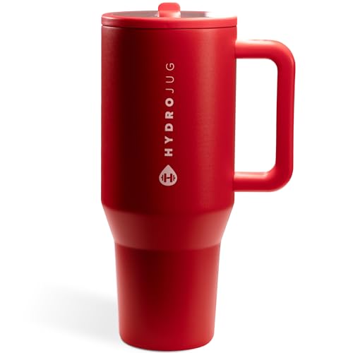HydroJug Traveler - 40 oz Water Bottle with Handle & Flip Straw - Fits in Cup Holder, Leak Resistant Tumbler-Reusable Insulated Stainless Steel & Rubber Base - Gifts for Women & Men, Alumni Red