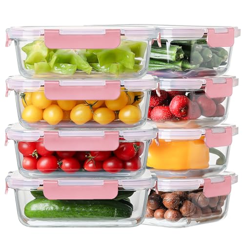 8 Pack 36oz Large Glass Meal Prep Containers with lids, Glass Food Storage Containers with Leak Proof Snap Lock Lids , Airtight Bento lunch Boxes, Kitchen Storage, Oven and Dishwasher Safe-Pink