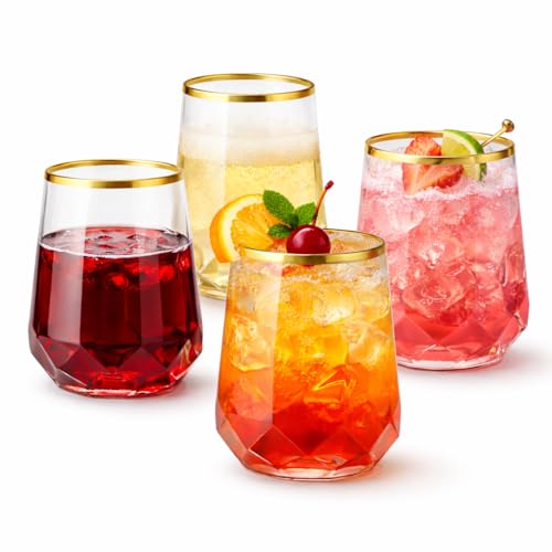 40 count Diamond Unbreakable Stemless Plastic Wine Champagne Whiskey Glasses Elegant Durable Disposable Indoor Outdoor Home office wedding bars 12 Ounce (Classic Old Fashioned Gold Rim)