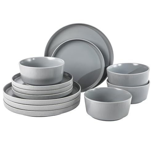 Gibson Home Dempsey Road 12-Piece Stoneware Dinnerware Set  Service for 4, Round Grey Plates and Bowls, Durable Solid Color Modern Embossed Dish Set, Microwave & Dishwasher Safe
