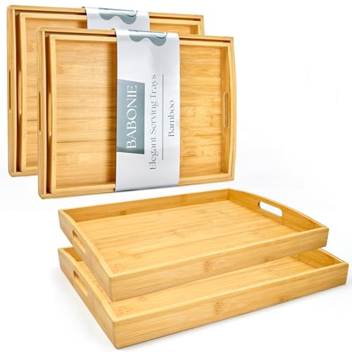 Bamboo Serving Tray with Handles Set of 4 - Decorative Wooden Trays for Eating, Working, and Storing, Suitable for Use in Bedroom, Living Room, Kitchen, Bathroom, Outdoor Scenarios and More
