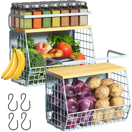 Magnetic Shelf for Fridge with Wood Lid, Fruit Potato and Onion Storage Bins, Pantry Organizers & Storage, Large Container Magnetic Spice Rack for Refrigerator, Kitchen Counter, Cabinet (Blue, 2)