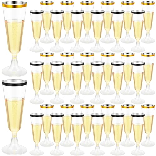 CHENGU 150 Pcs Champagne Flutes 5 Oz Plastic Disposable Champagne Flutes Crystal Wine Glasses Reusable Plastic Cocktail Cups for Wedding Celebration Birthday Party Toasting Drinking (Gold Black)