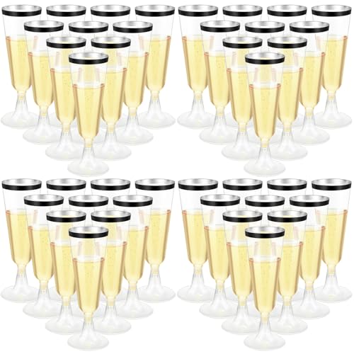 CHENGU 150 Pcs Champagne Flutes 5 Oz Plastic Disposable Champagne Flutes Crystal Wine Glasses Reusable Plastic Cocktail Cups for Wedding Celebration Birthday Party Toasting Drinking (Black Rim)